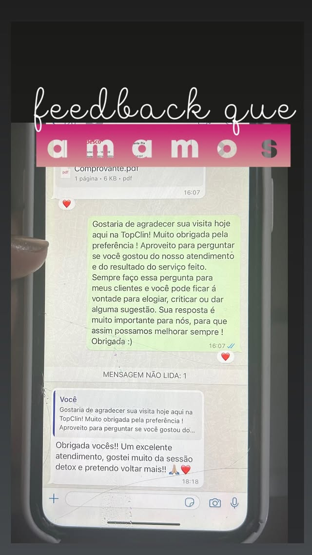 Cliente agradece atendimento e sessão detox na TopClin